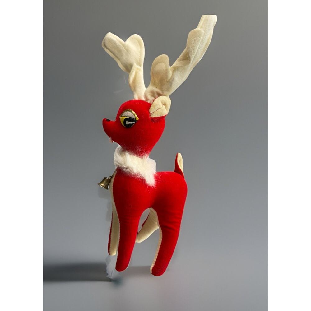 Vintage Red Reindeer Velveteen Plush Figure Christmas Japan MCM 11" Kitschy